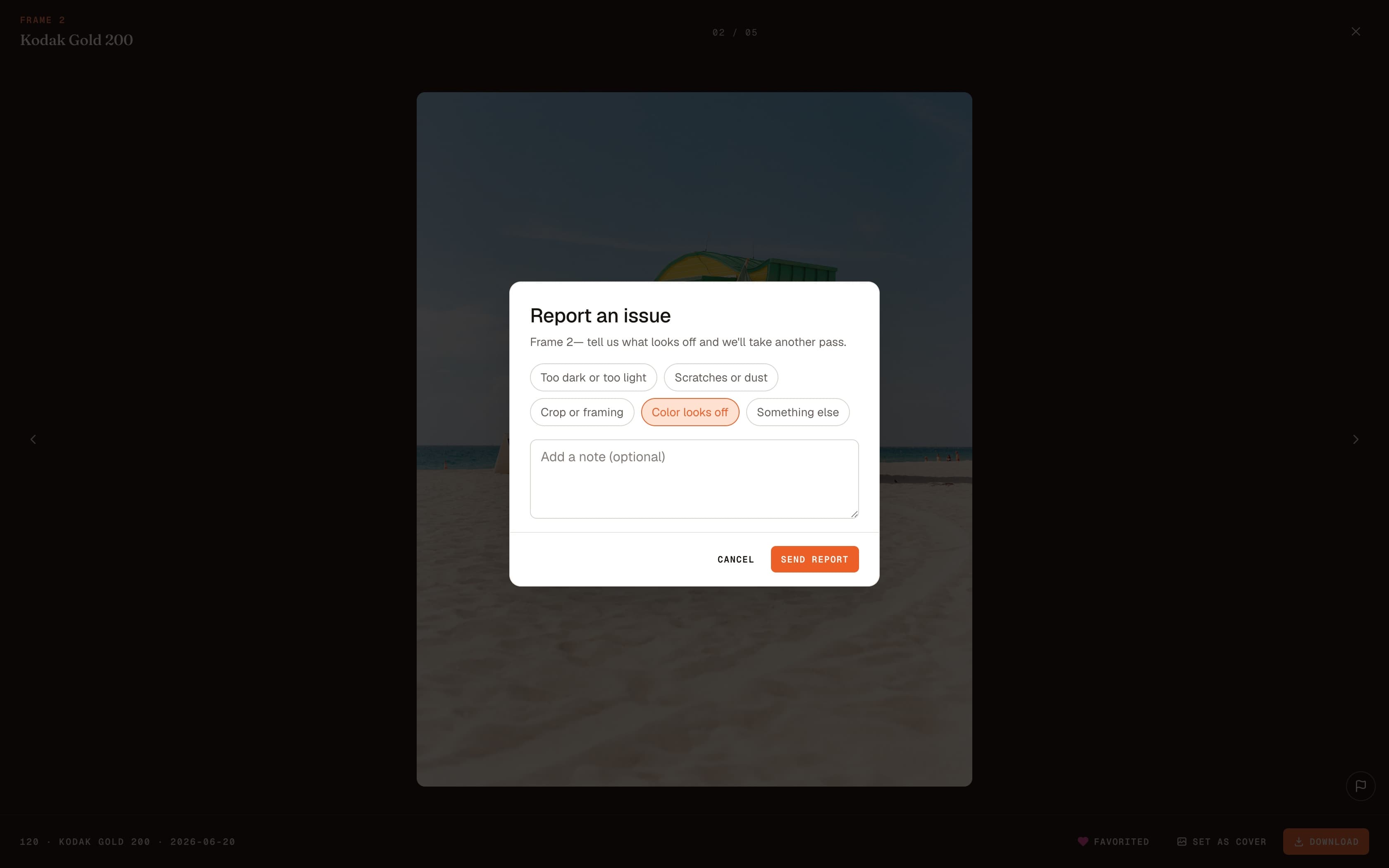 Reporting an issue on a frame in the Archive viewer — category picked, note optional