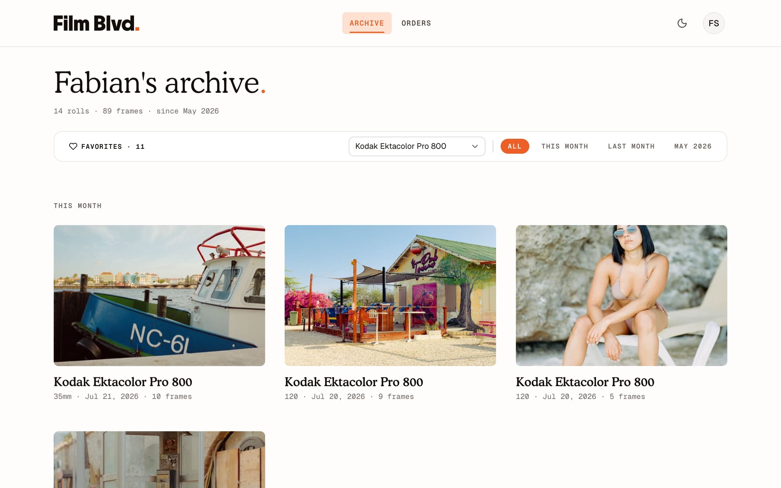 The Archive landing filtered to one film stock — three Portra 800 rolls found